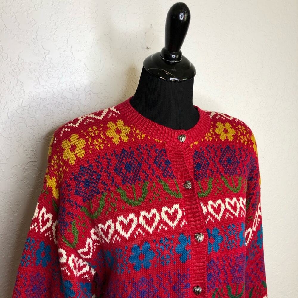 Vintage Northern Isles red heart floral knit button down cardigan size Large - Picture 2 of 16